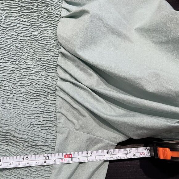 Zara Size Medium Teal Puff Ballon Sleeve V Neck Ruched Cropped Top Stretchy - Picture 10 of 11